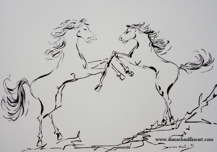 A striking original drawing (ink and graphite pencil) of two horses facing one another in anger, both rearing.