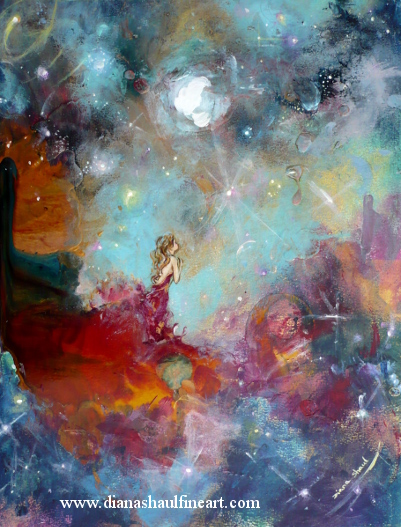 A young woman looks up at the stars and moon as her red dress seems to melt into the sky where she stands. Original painting.