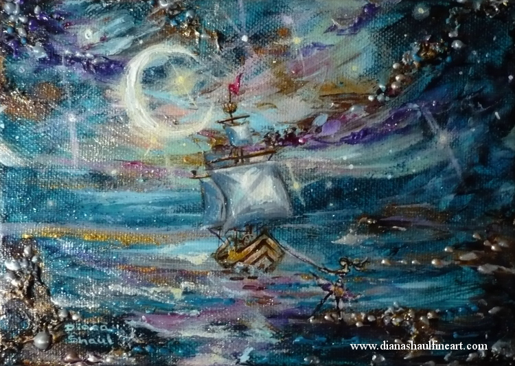 Under a starlit midnight-blue sky, a young woman pulls her ship to shore in this original painting.