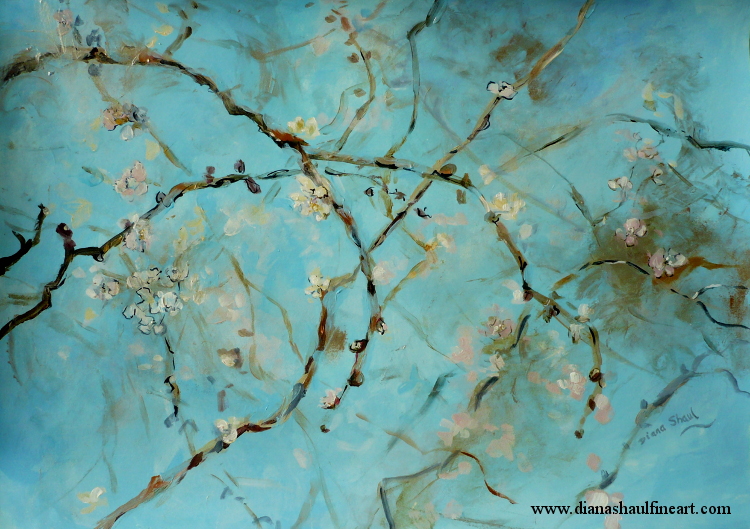 Tree branches adorned with blossoms criss-cross the sky. Original painting in acrylic.