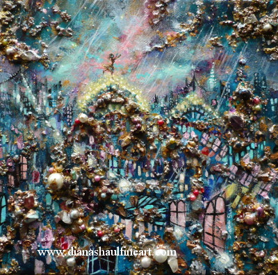 On one of the rooftops of a shining city, a small golden figure reaches up to the sky to summon rain. Embellished and texured original painting.