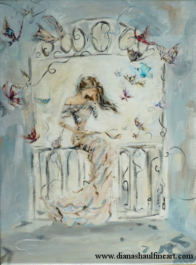 Original fantasy painting of a woman surrounded by larger-than-life butterflies.
