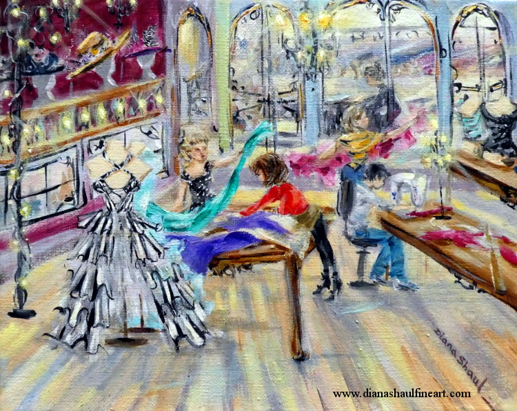 Original painting depicting a busy costume department, including a beautiful dress in the foreground and a gallery of hats.