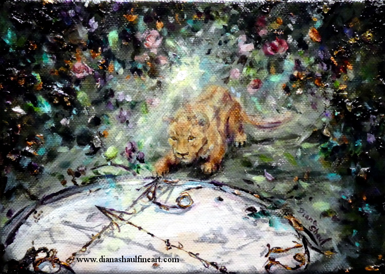 Original painting: a lioness crouches before a giant clock, noticing the hands have become detached from the face.