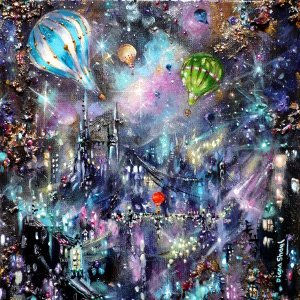 A magical cityscape painting featuring hot-air balloons and the one who determines their worthiness for flight.