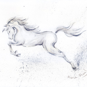 Original painting in black and white of a horse jumping, dust flying, in watercolour and graphite pencil paper.