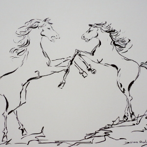 A striking original drawing (ink and graphite pencil) of two horses facing one another in anger, both rearing.