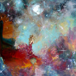 A young woman looks up at the stars and moon as her red dress seems to melt into the sky where she stands. Original painting.