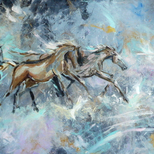 Original painting of racehorses against an abstract background featuring metallic shades.