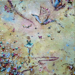 A ballerina stops dancing mid-pirouette when butterflies begin to dance with her in this original painting.
