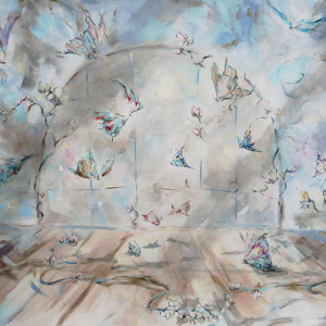 Delicate painting of butterflies that have ventured through a cellar grate.