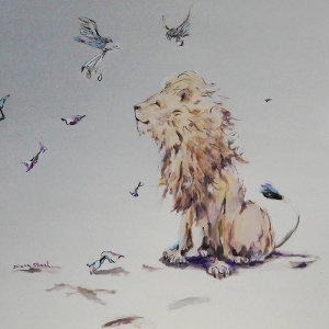 Original painting created in acrylic and graphite pencil depicting a lion looking on as doves deliver notes to him.