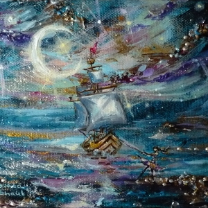 Under a starlit midnight-blue sky, a young woman pulls her ship to shore in this original painting.
