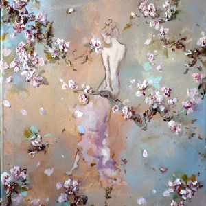 A young woman in a backless pale pink dress sits on a tree branch blooming with pink spring blossoms. Original painting.