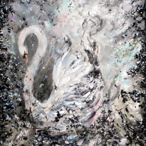 In this original painting, a woman and a swan appear back to back, the woman's gown becoming one with the swan's feathers.