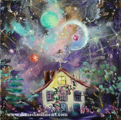 A young woman balances on the apex of the roof of her house and touches the stars. Original painting.