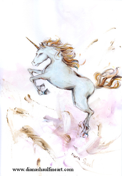 Original painting of a unicorn (white, with gold horn, mane and tail) leaping.