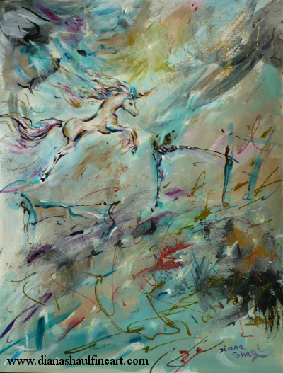 Semi-abstract mixed media painting of a unicorn jumping hurdles.