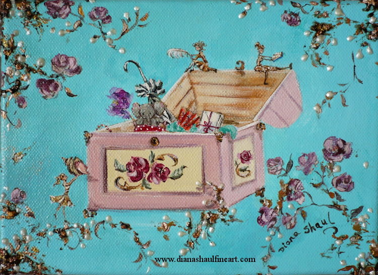 Three tiny figures fill a chest with a lifetime's small treasures in this original painting.