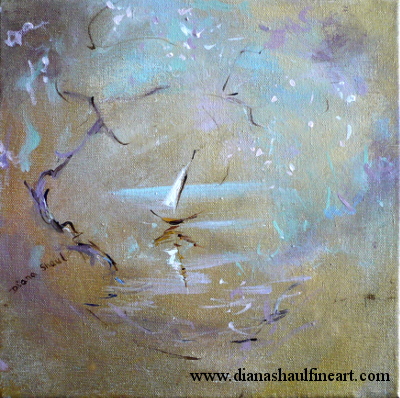A sailboat bobs on smooth lake waters that shimmer like gold in this original painting.