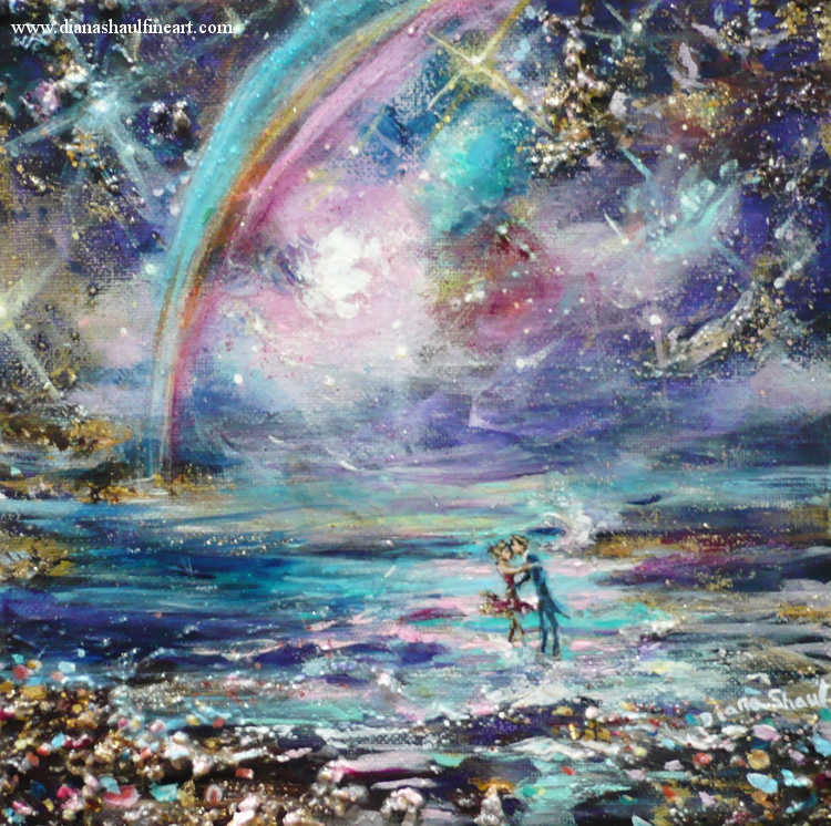 A rainbow arches across a purple sky as a young couple dance in the waves. Original painting.