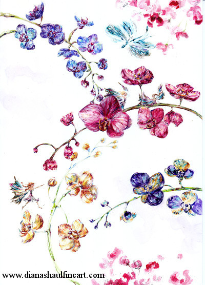 Original painting. A dragonfly lends fairies camouflage as they tend orchids.