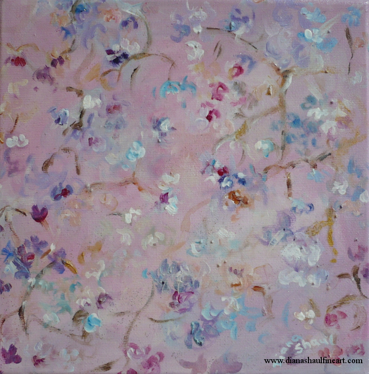 Fragile blossoms turn the world pink in this semi-abstract painting.