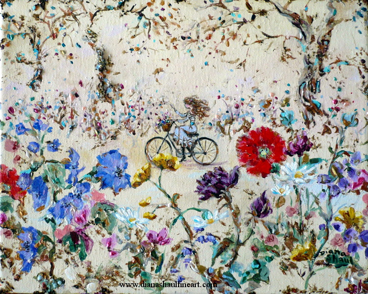 Original painting of a young woman cycling through a landscape with oversized flowers in the foreground.