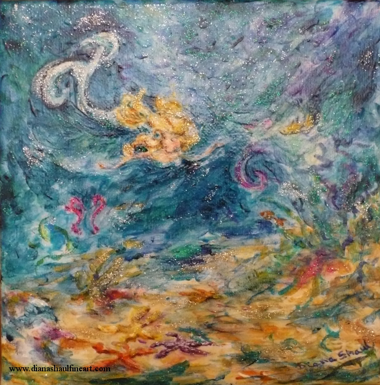 Original painting of a mermaid swimming through her glittering underwater world.
