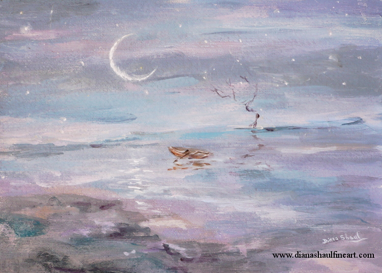 An abandoned rowboat bobs on the water in the moonlight. Original painting.
