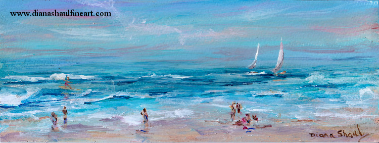 Original painting (acrylic on paper) of a seaside scene, people dotting the shore and a surfer and sailboats on the waves.