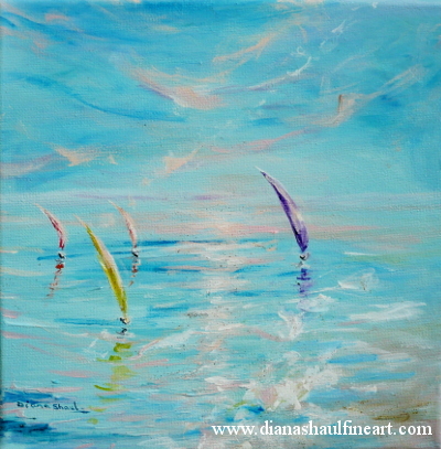 Original painting of brightly coloured sails on a wide open sea.