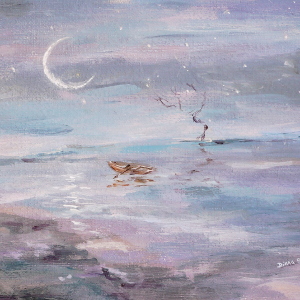 An abandoned rowboat bobs on the water in the moonlight. Original painting.