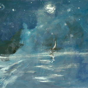 Original painting of a sailboat on the horizon, under a wide sky lit by a bright moon and lots of stars.