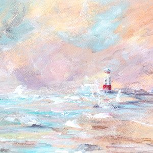 Original painting of the coast in gold tones, featuring a red and white lighthouse.