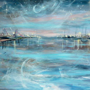 Original painting of a harbour view by night, filled with light.
