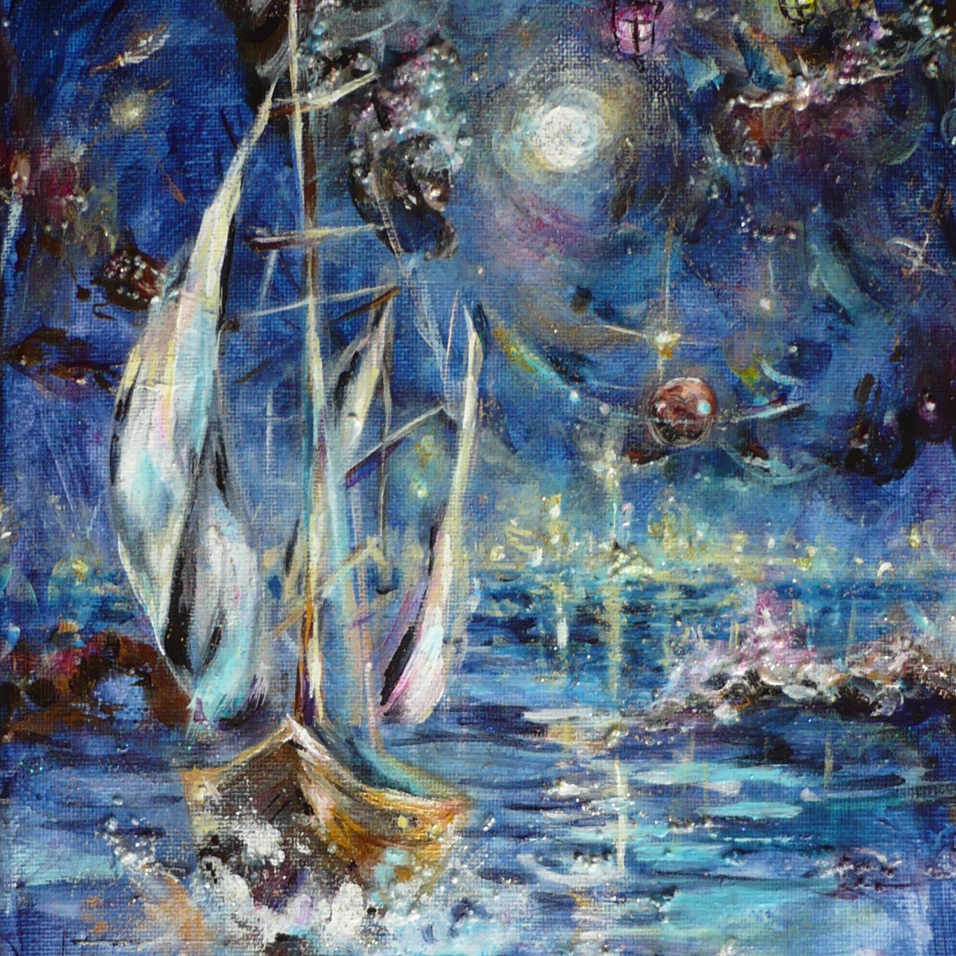 A ship heads towards unfamiliar land, under unfamiliar stars. Original painting.