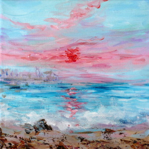 Original painting in acrylic and mixed media of a sunset over the sea, with a derelict pier in the distance.