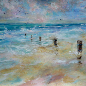 Original acrylic depicting an empty beach at dawn, seagulls overhead.