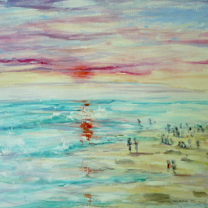 Original painting depicting small figures on the beach as the sun sets.