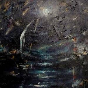 Original painting of a lighthouse and a sailboat under a sky of shooting stars.