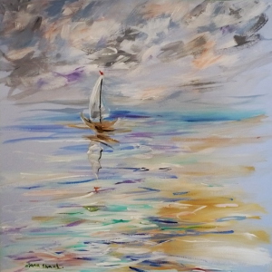 A sail boat leaves the shore behind, just blue waters ahead.