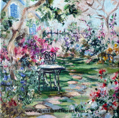 Original painting of a garden filled with summer flowers, with a wrought iron table and chair to the left of the central path.