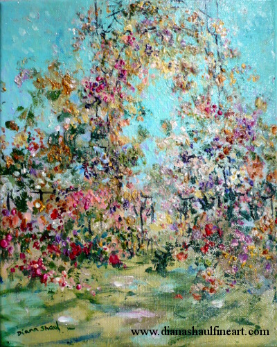 An flower arbour arches over an open gate in this original painting of a garden under a bright blue summer sky.