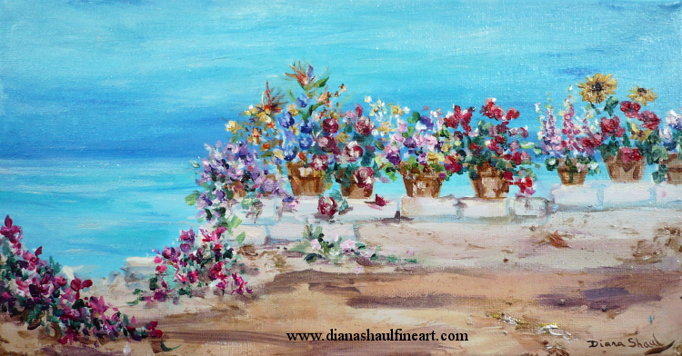 Sky, sea and sand... and flowerpots overflowing with blooms. Original painting.