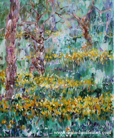 An uplifting landscape depicting daffodils in the sunshine, harbingers of spring.