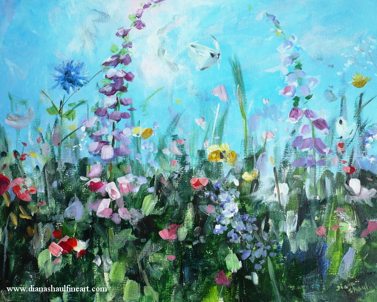 Original acrylic painting of a summer meadow, featuring butterflies and wild flowers.