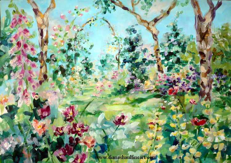 Original painting of a garden full of flowers, with an arbour of roses yet to bloom.