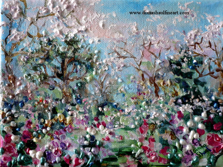 Original mini landscape painting featuring trees and bright spring flowers.