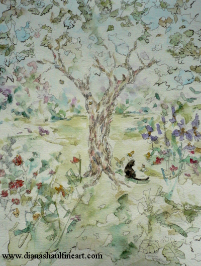 Original painting of a black cat watching a butterfly in a garden.